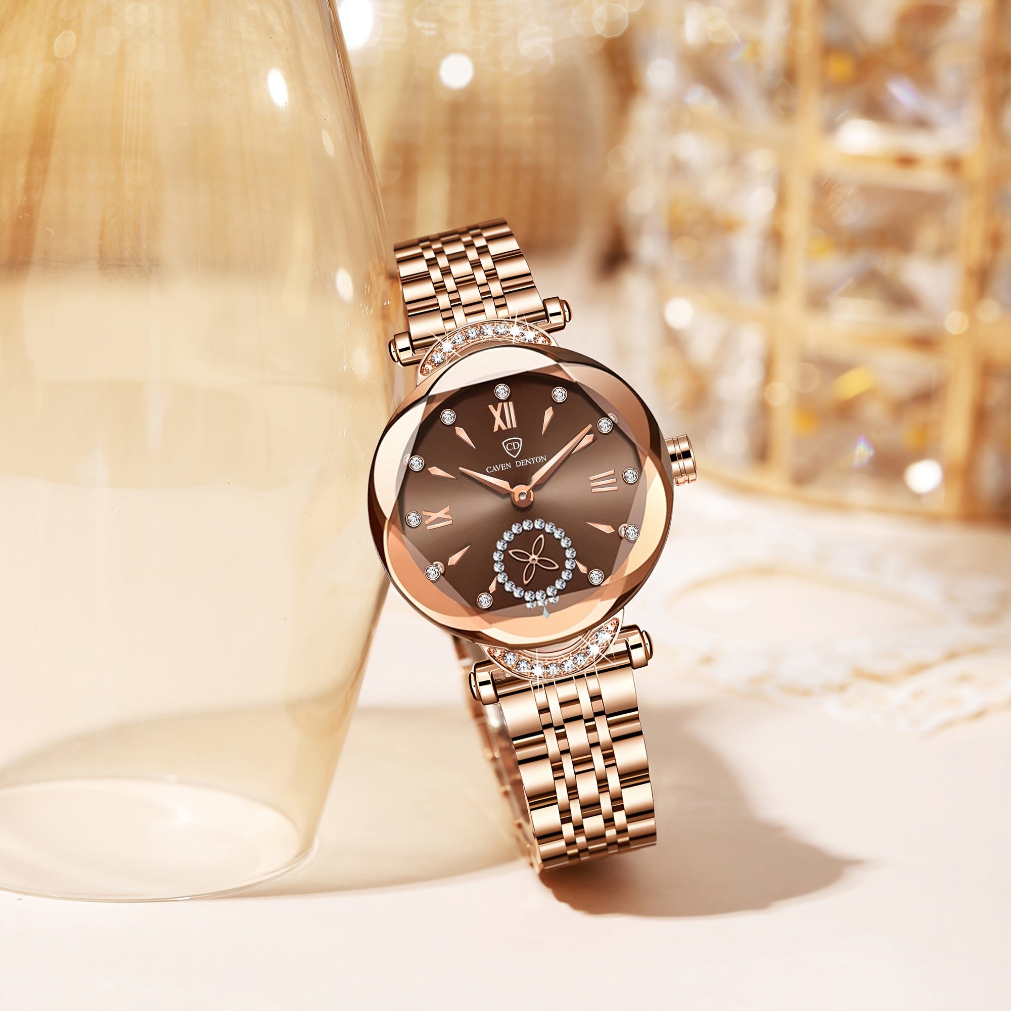 Elegant Women's Quartz Watch with Rhinestone Accents - Rose Golden Case & Stainless Steel Band, Roman Numerals, Independent Second Hand - Ideal for Business or Formal Wear - Perfect Mother's Day, Christmas, or Back-to-School
